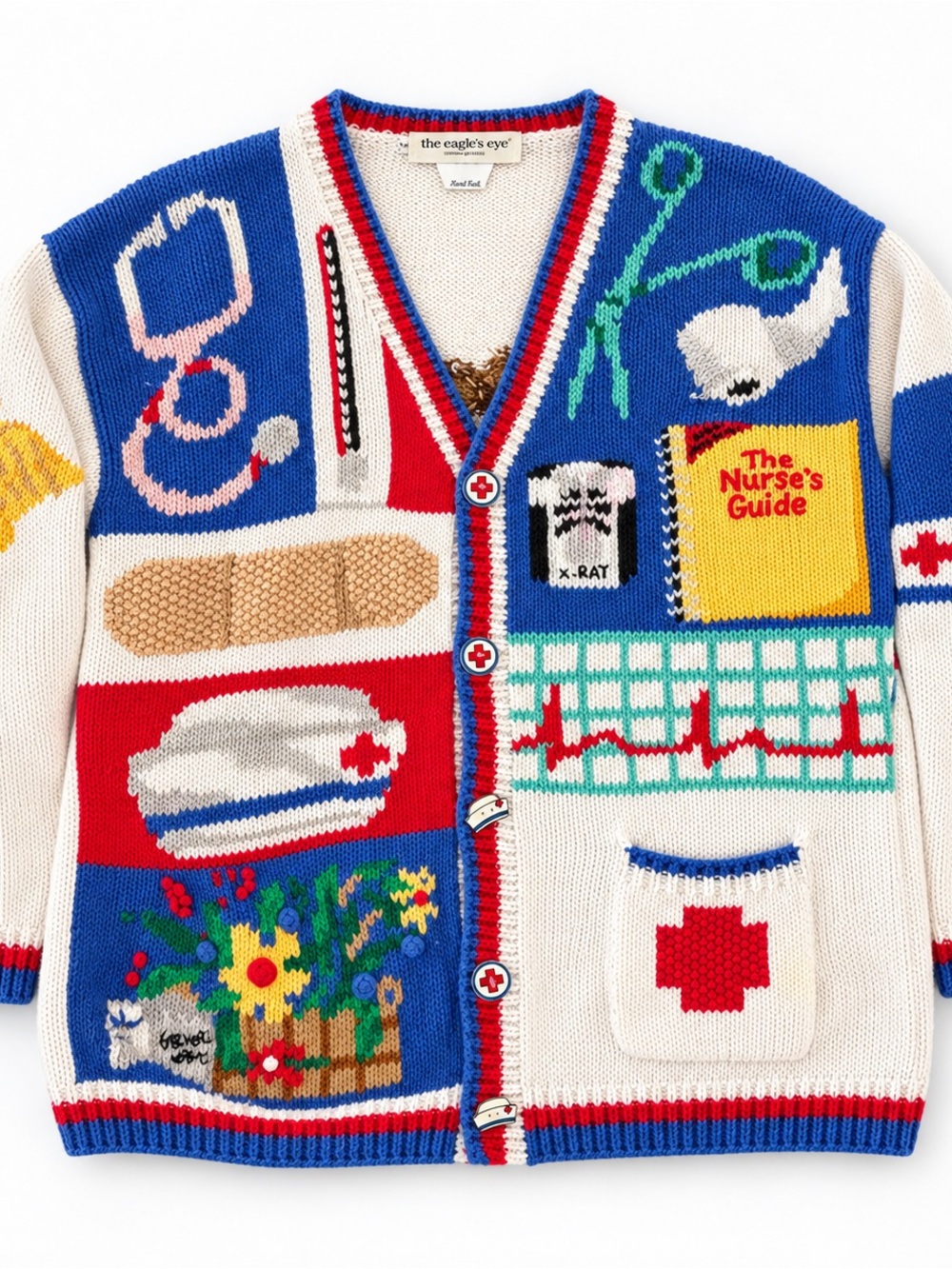 Vintage 1994 Eagle’s Eye Hand Knit Nurse Teddy Bear Cardigan Size M